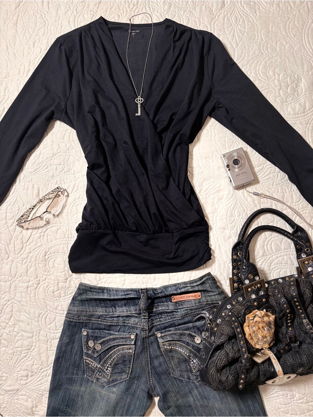 Black Wrap-Style Long Sleeve Top